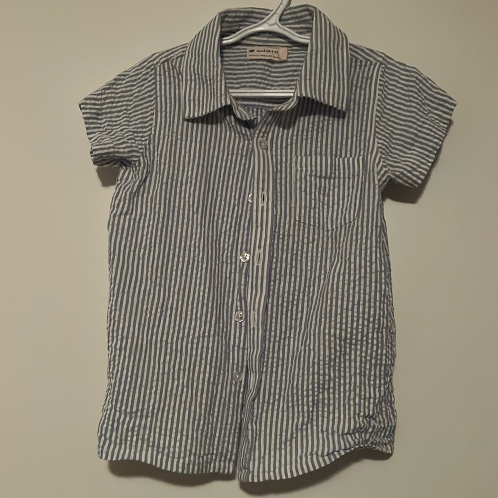 Boy’s blue and white striped button-up shirt, 100% Organic Cottton